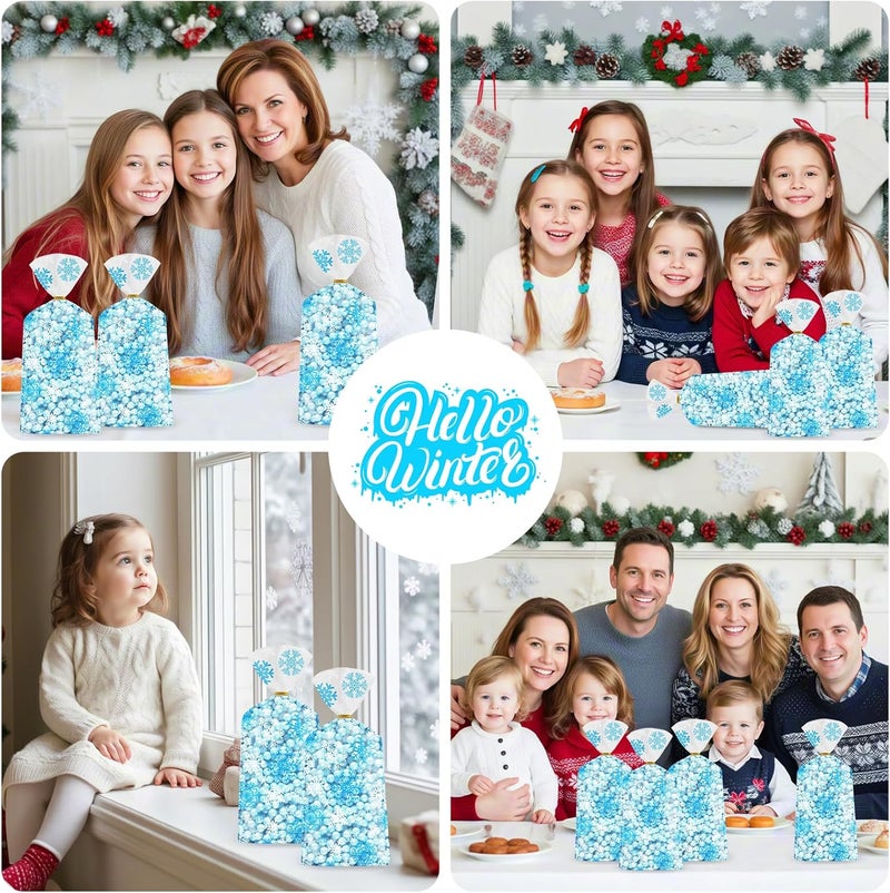 Litmitfu 100 Pcs Winter Snowflake Treat Bags - Christmas Gift Bags, Blue White Plastic Snowflakes Cello Candy Goodie Cookie Snack Cellophane Bag with Twist Ties for Xmas Holiday Winter Wonderland Party Favors - Image 2